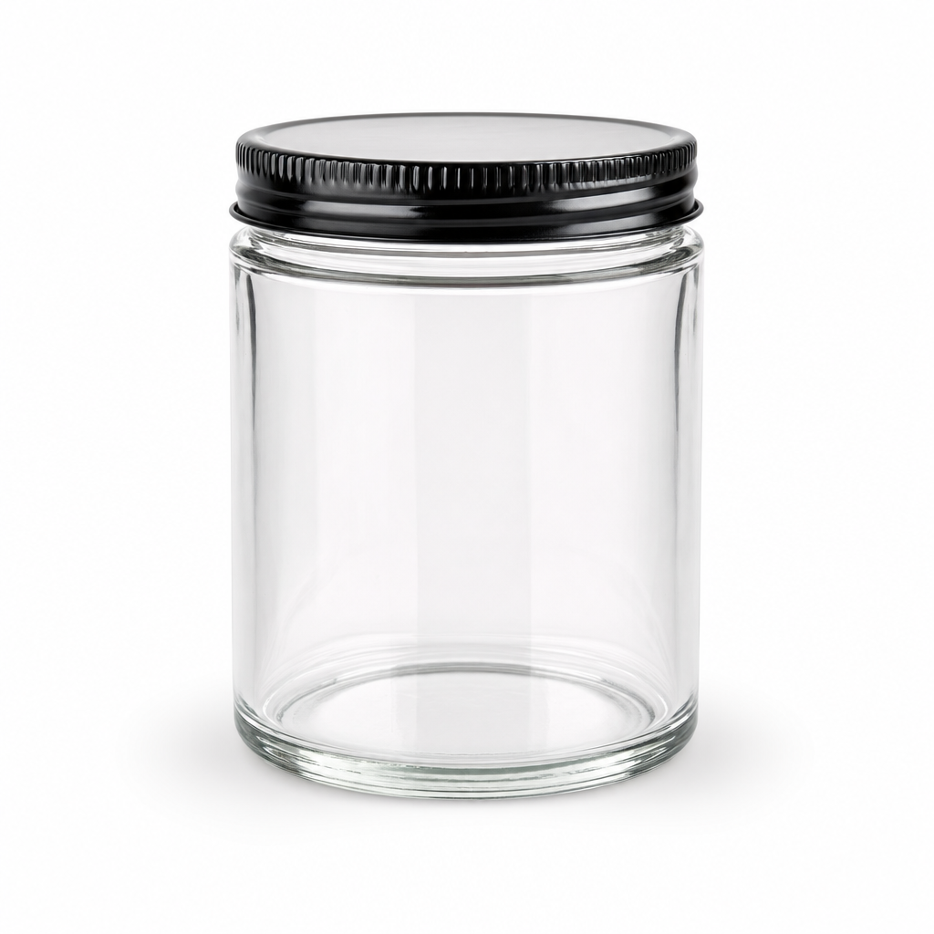 CLEAR STRAIGHT-SIDED GLASS JARS - 12 OZ, BLACK METAL CAP